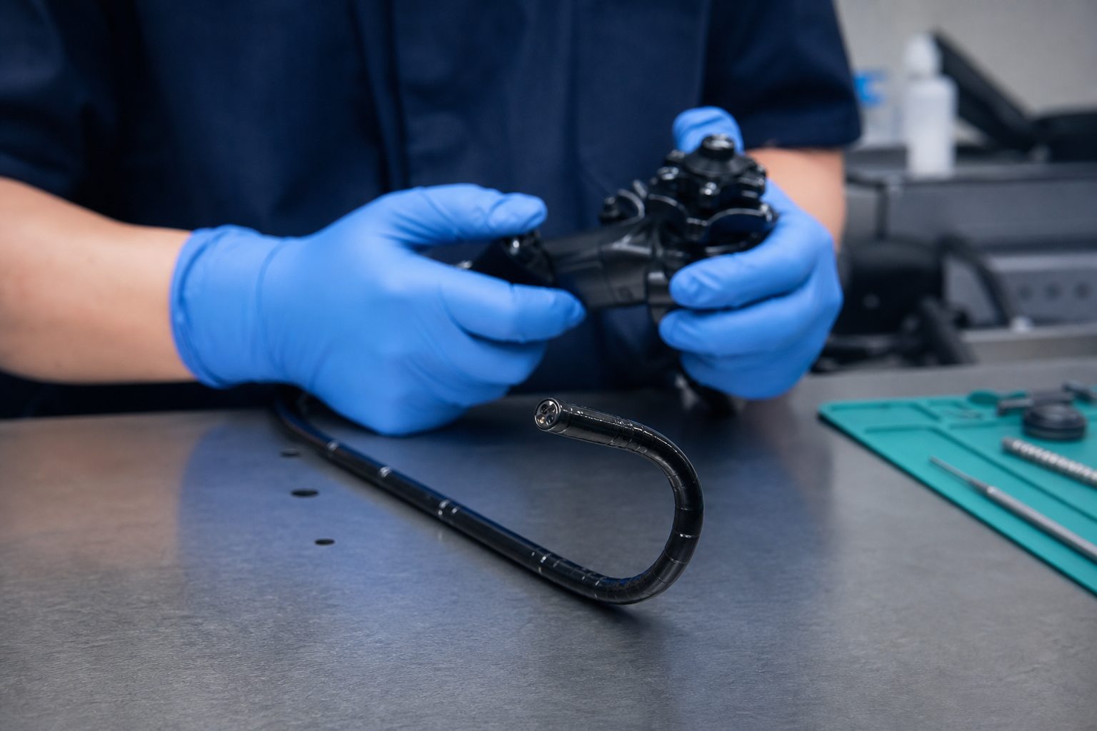 Gloved hands testing full tip deflection on a flexible endoscope control body