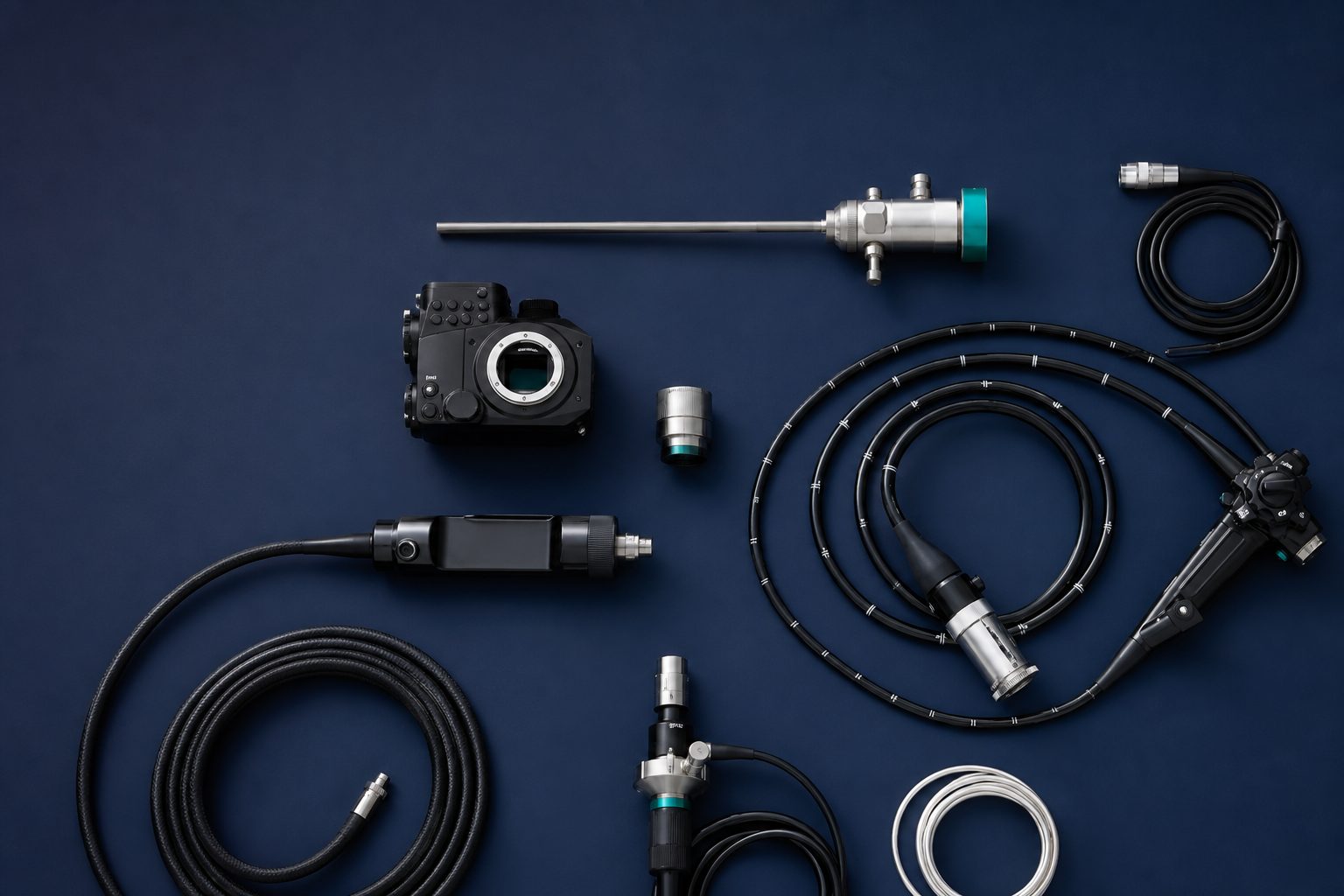 Technician inspecting the distal tip of a flexible video colonoscope during Olympus endoscope repair