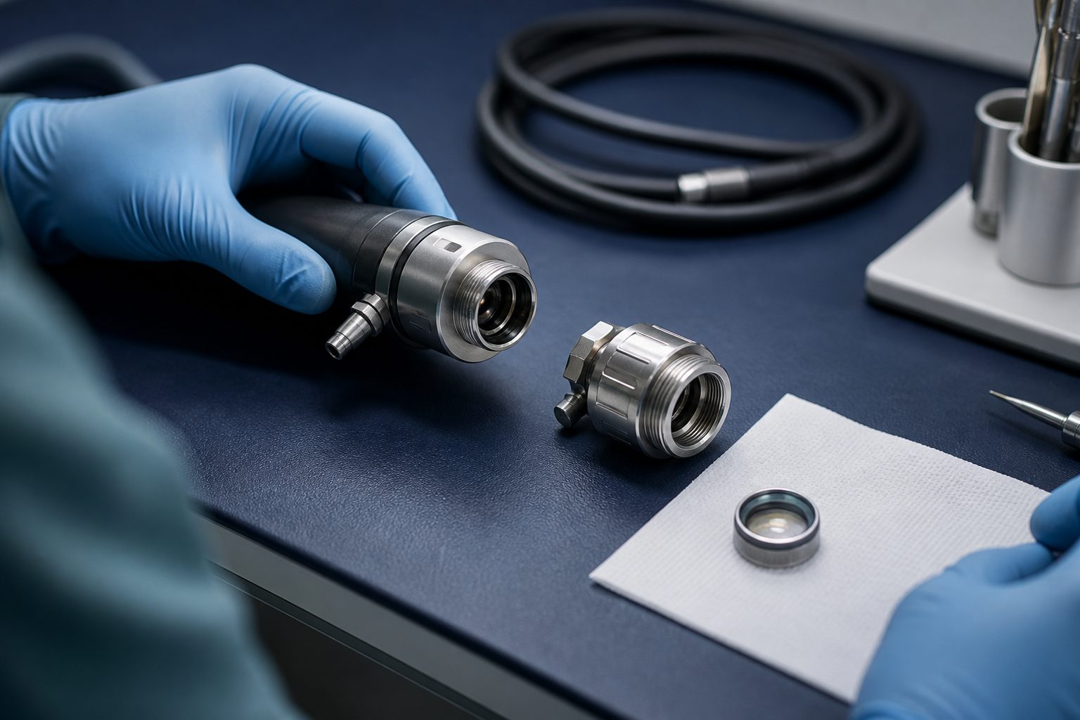 Surgical camera head and threaded coupler separated on an anti static mat