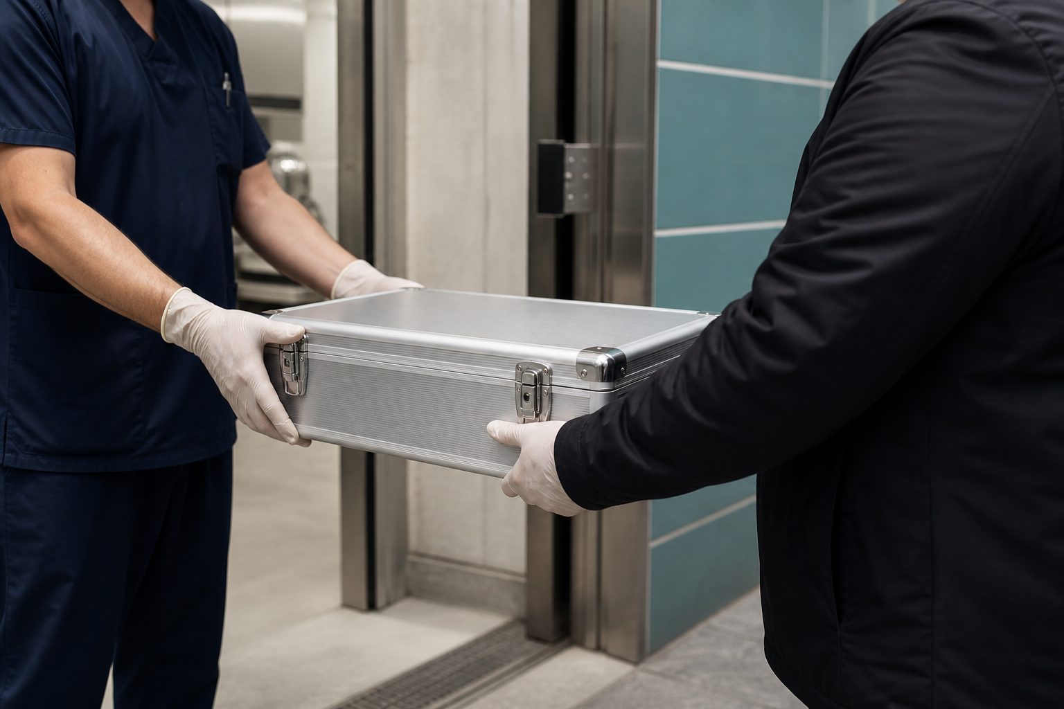 Hard sided instrument transport case handed over at a hospital service entrance