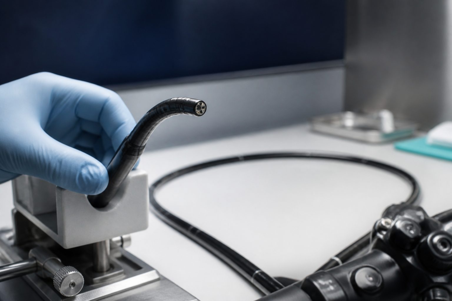 Technician performing flexible endoscope repair on an insertion tube at a lit bench