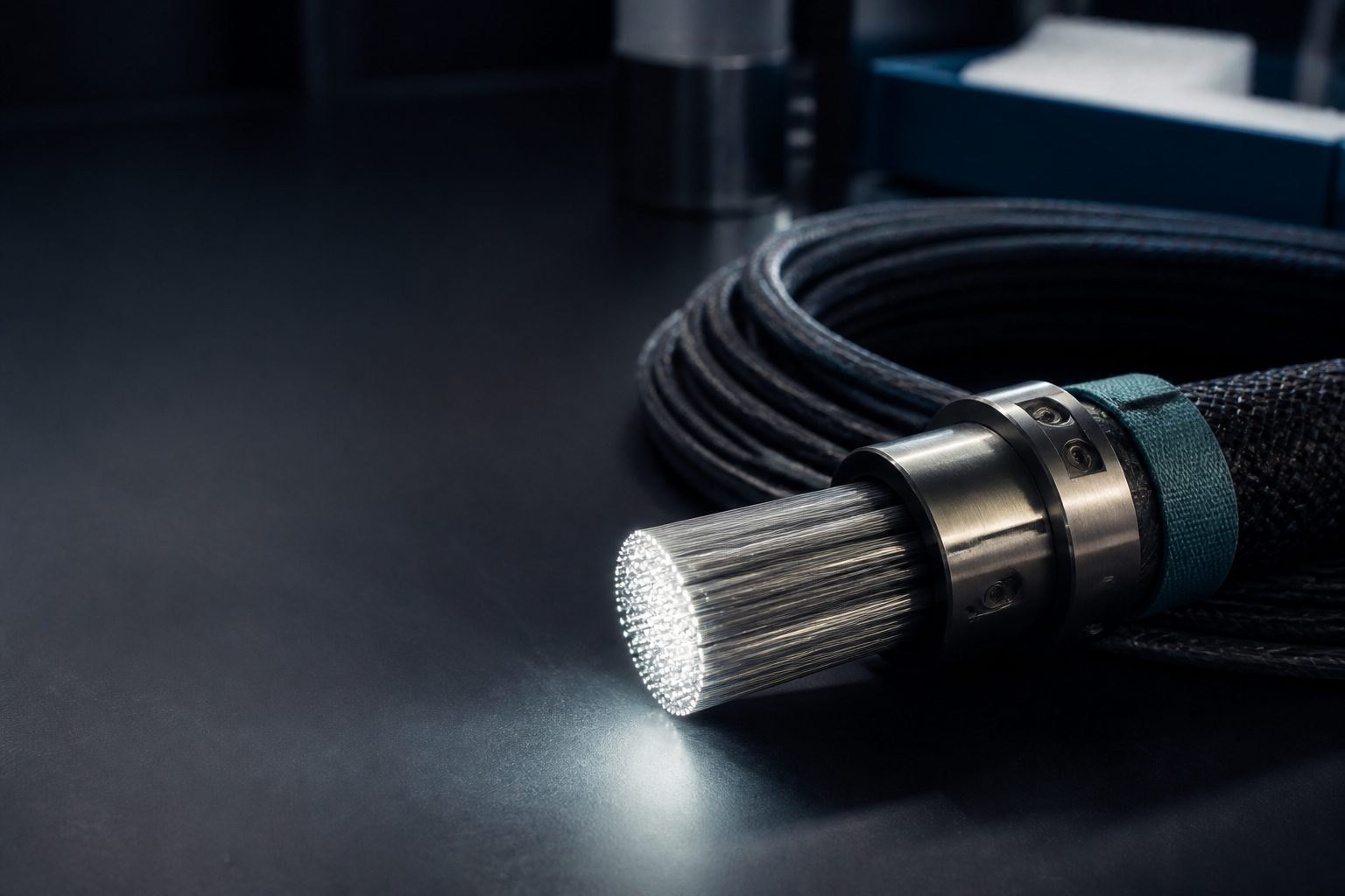 Fiber optic light cable repair bench showing an illuminated cable end face under inspection