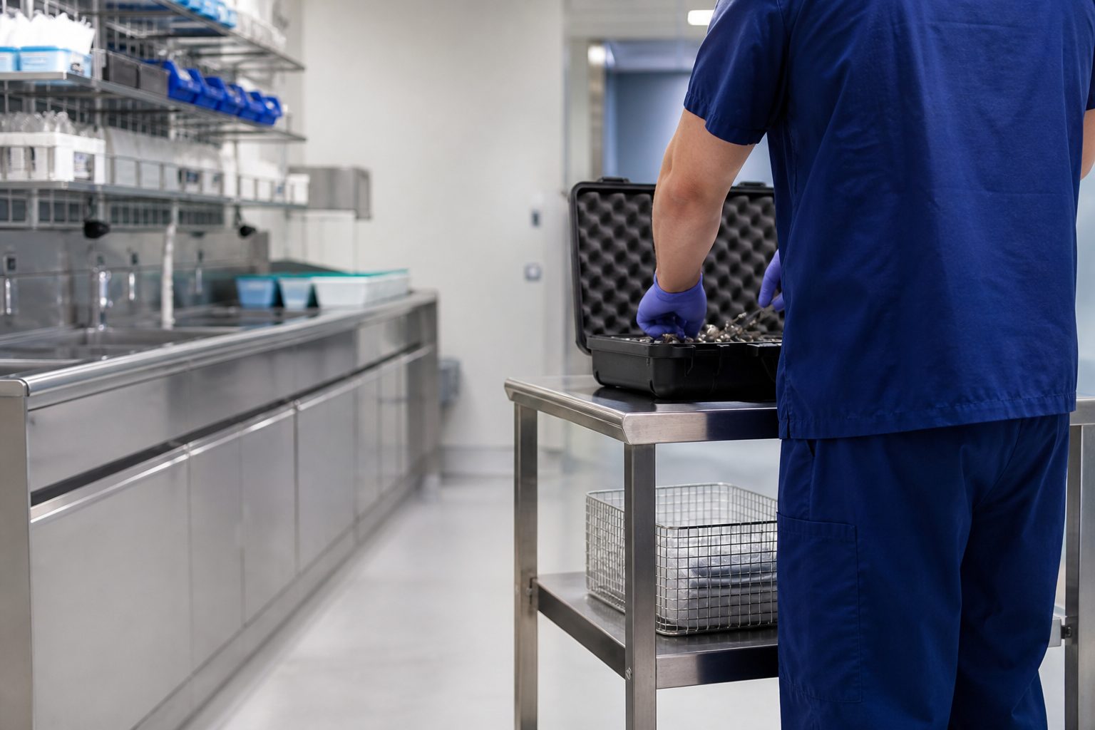Technician performing on-site instrument repair at a sterile processing workbench inside a hospital