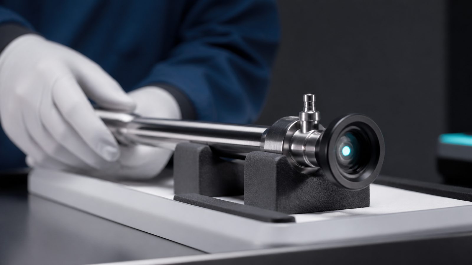 Rigid surgical telescope held in a padded cradle during optical inspection