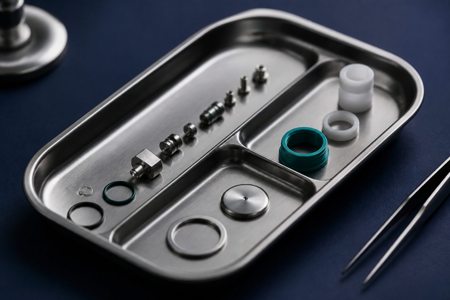 Precision seals, screws, and internal components laid out in a stainless parts tray