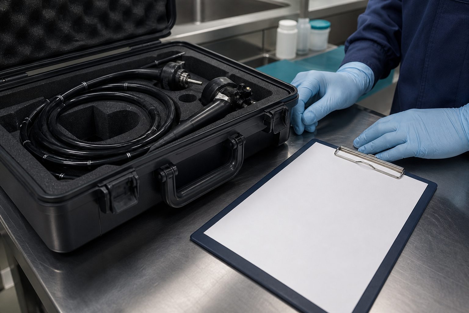 Repaired endoscope in a foam lined transport case beside inspection paperwork