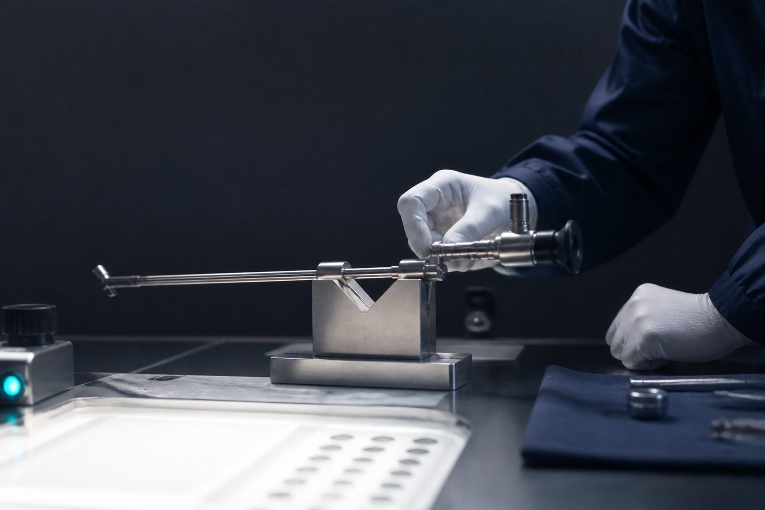 Rigid nephroscope with offset eyepiece on a repair bench during optical and sheath service