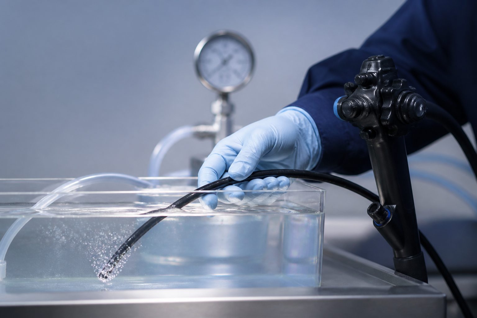 Technician performing a leak test on a flexible endoscope insertion tube