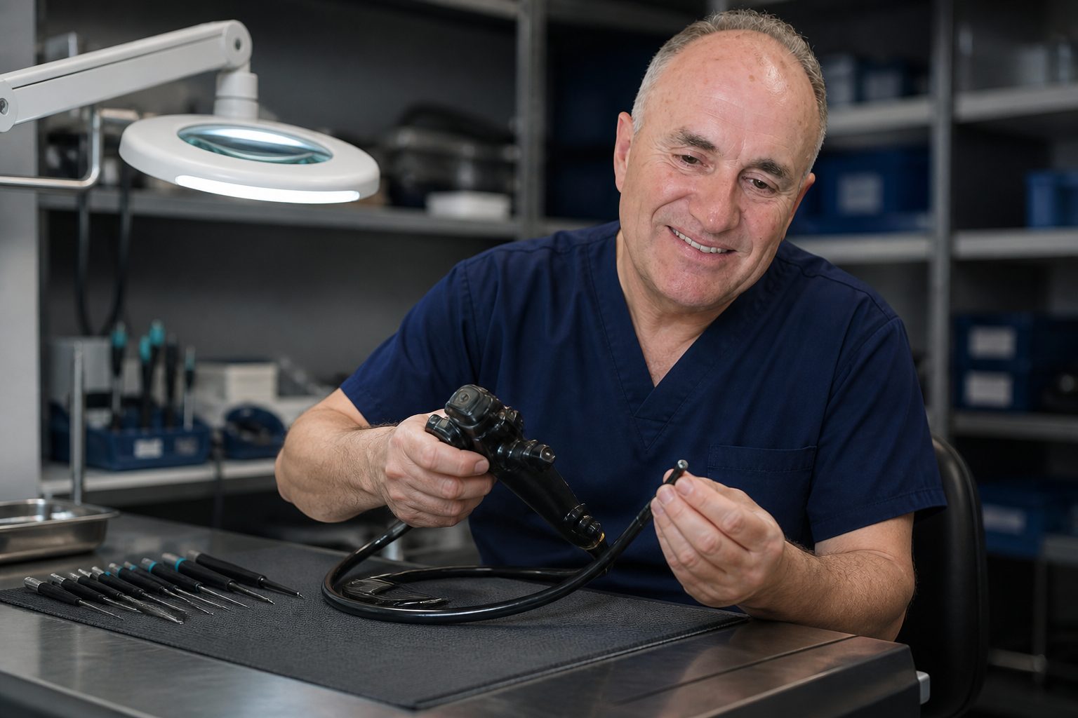 Scott Lewis, owner of Specialty Surgical Services, inspecting a flexible endoscope at a repair bench