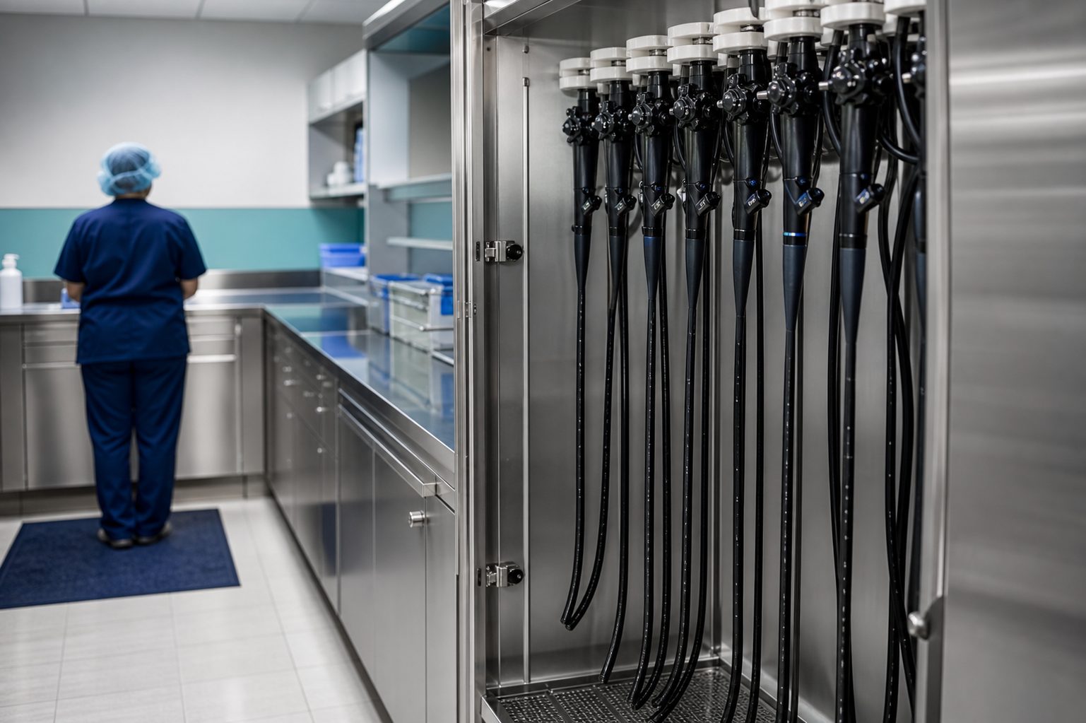 Flexible endoscopes hanging in a stainless drying and storage cabinet in a hospital sterile processing department