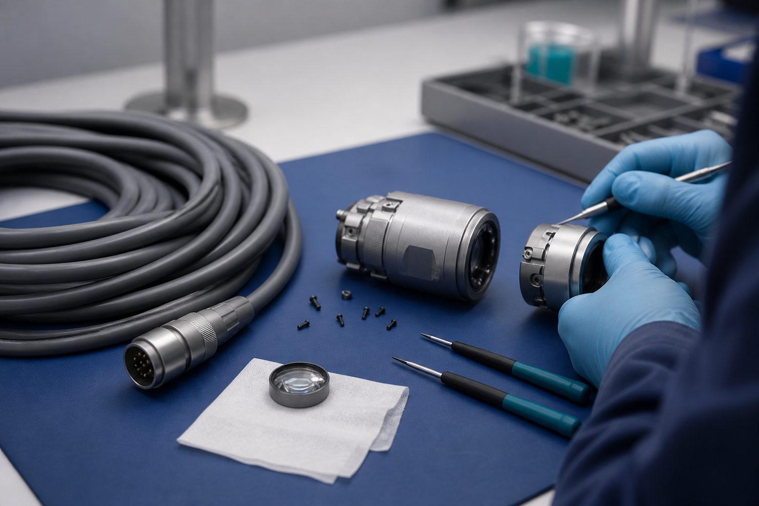 Surgical camera repair bench with a camera head and endocoupler under inspection