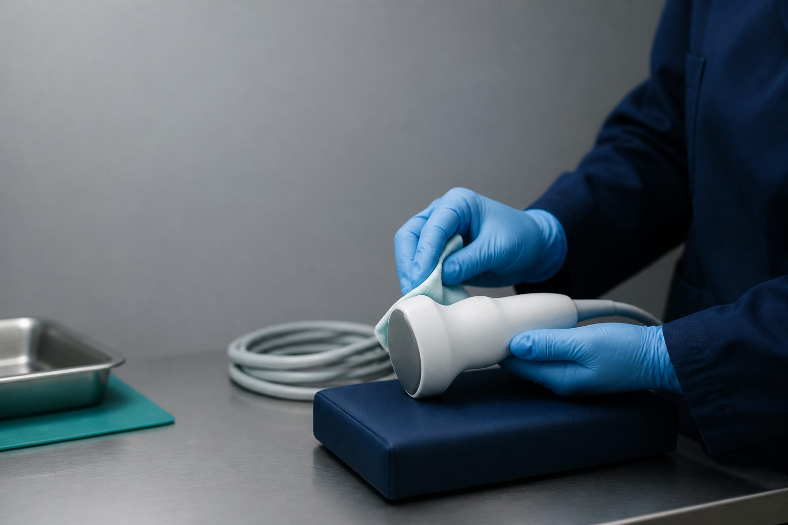 Ultrasound probe repair bench with a transducer head and cable laid out for element testing
